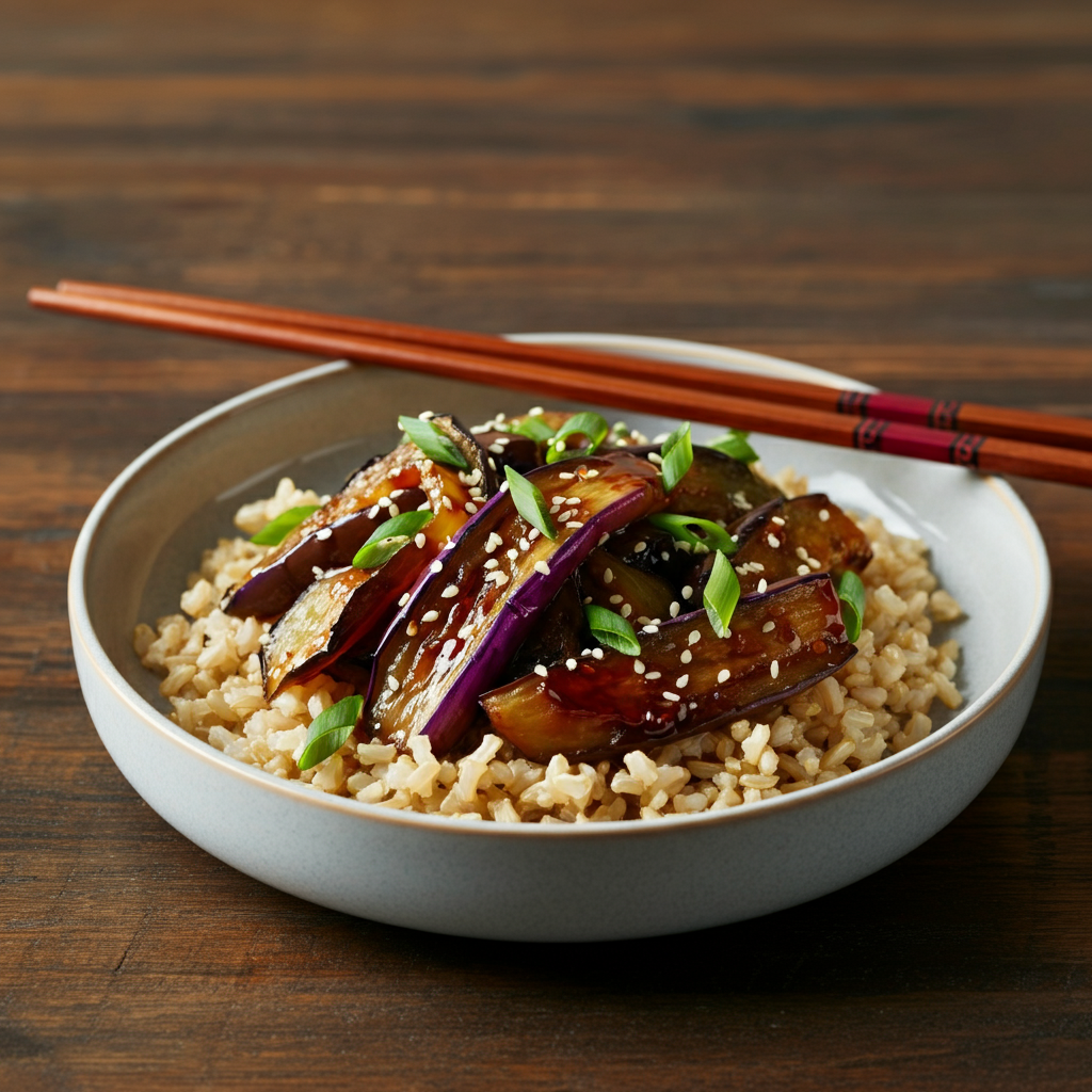 A vibrant plate of roasted miso-glazed eggplant stir fry, with glossy vegetables nestled on a bed of fluffy brown rice. The dish is garnished with sesame seeds and green onions, served in a clean, modern bowl with chopsticks on the side. The background features natural textures like a wooden table and soft lighting.