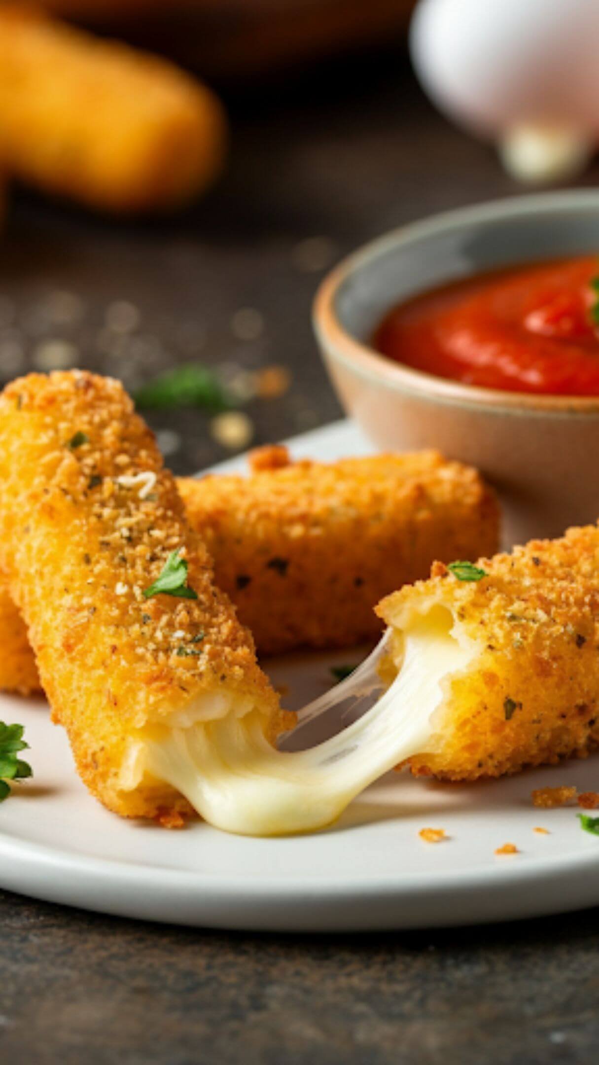 A close-up flat lay of golden, crispy air-fried mozzarella sticks arranged on a white plate, with gooey melted cheese stretching from one broken stick. The plate is garnished with a sprinkle of Italian seasoning and fresh parsley, accompanied by a small bowl of marinara sauce for dipping. The background features a clean, rustic kitchen setup with ingredients like breadcrumbs, an egg, and mozzarella sticks scattered artfully around. Vibrant lighting highlights the texture and crispiness of the mozzarella sticks.