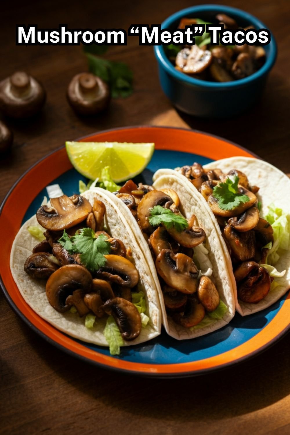 A vibrant plate of mushroom tacos served on a wooden table. The tacos are filled with sautéed mushrooms, crisp lettuce, and fresh diced tomatoes, garnished with a sprinkle of herbs. A lime wedge and small bowls of toppings (like salsa or guacamole) sit nearby.