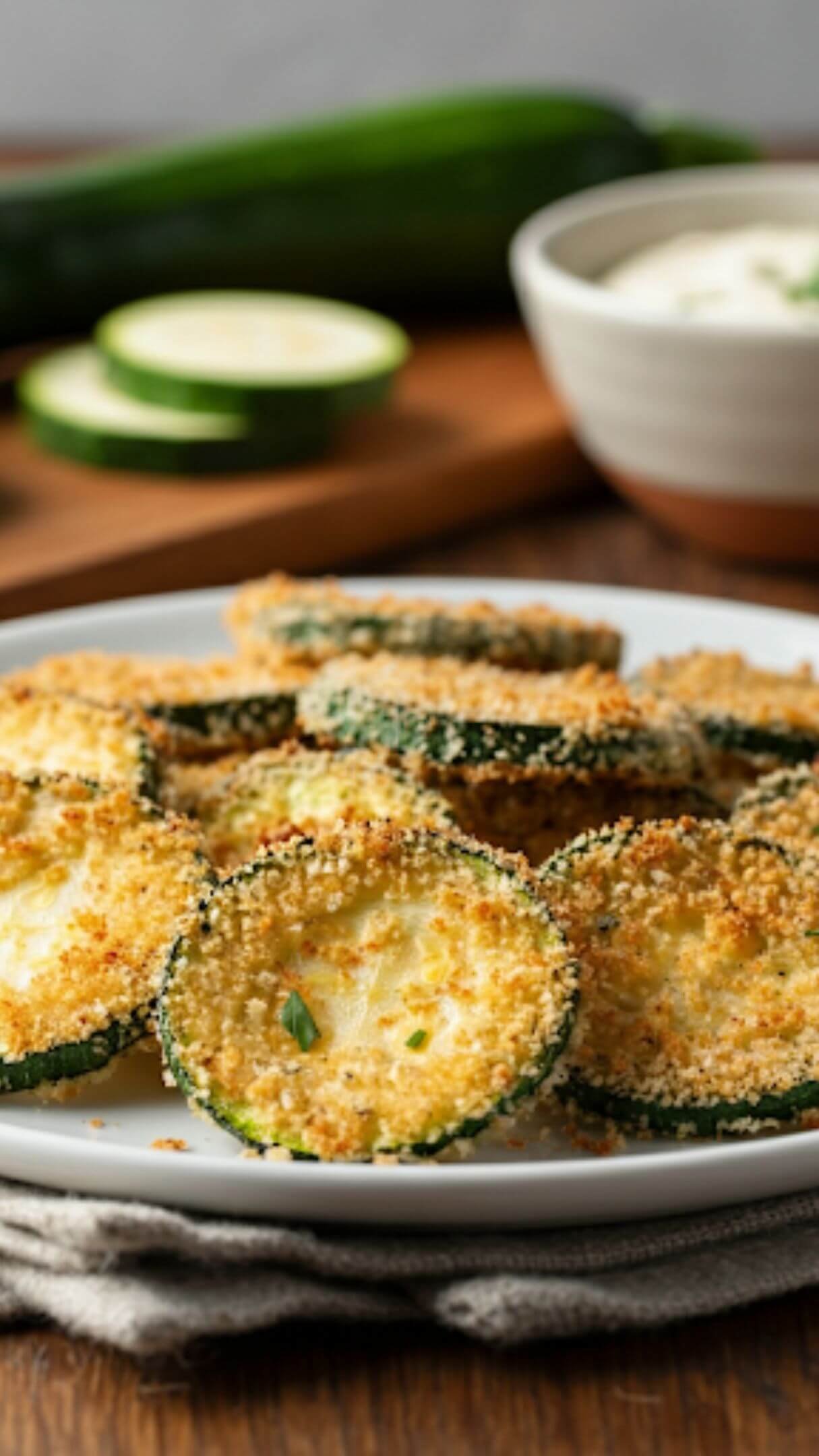 A close-up shot of golden, crispy Parmesan Zucchini Chips arranged on a white plate. The zucchini rounds are evenly coated with a cheesy breadcrumb crust, with a light sprinkle of grated parmesan on top for garnish. The background features a small bowl of dipping sauce and fresh zucchini slices, styled on a wooden countertop with natural lighting.