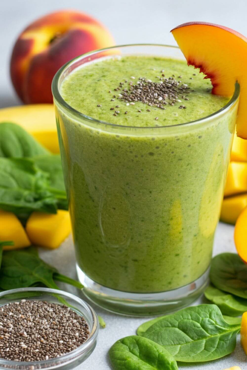 A vibrant green smoothie in a clear glass, garnished with a slice of peach and a sprinkle of chia seeds. Surround the glass with fresh spinach leaves, a halved peach, chunks of mango, and a banana. Include a small bowl of chia seeds nearby. The background should be bright and inviting, emphasizing freshness and healthy ingredients.