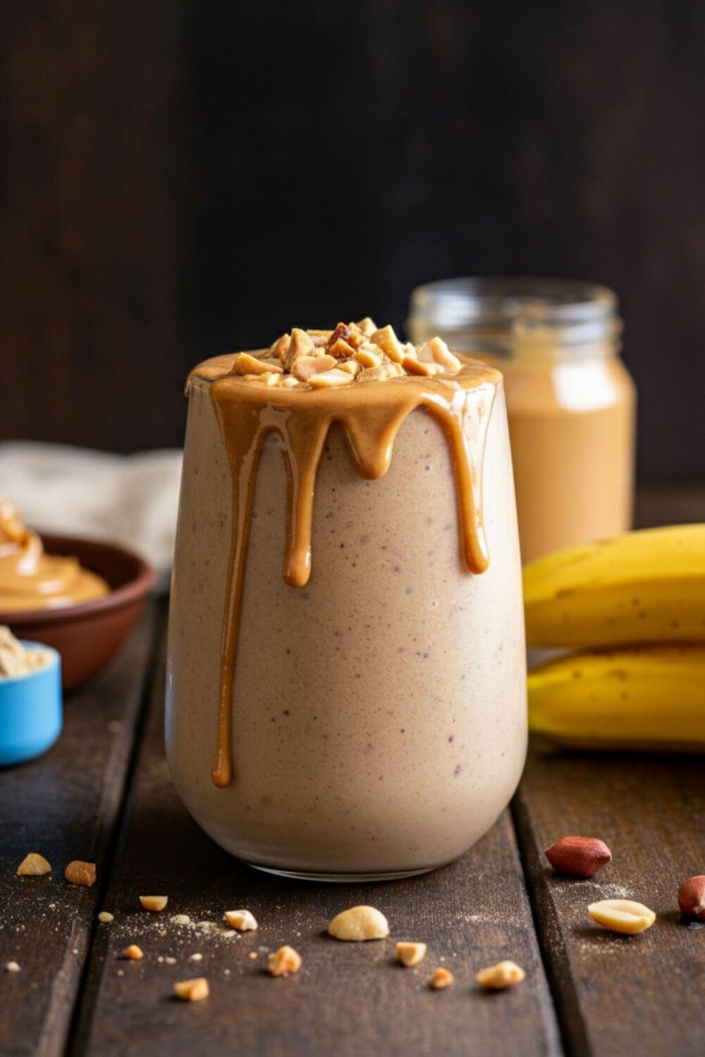 A vibrant, creamy smoothie in a clear glass, topped with a drizzle of peanut butter and a sprinkle of crushed peanuts. Place it on a wooden kitchen counter with a banana, a small jar of peanut butter, and a scoop of protein powder in the background.