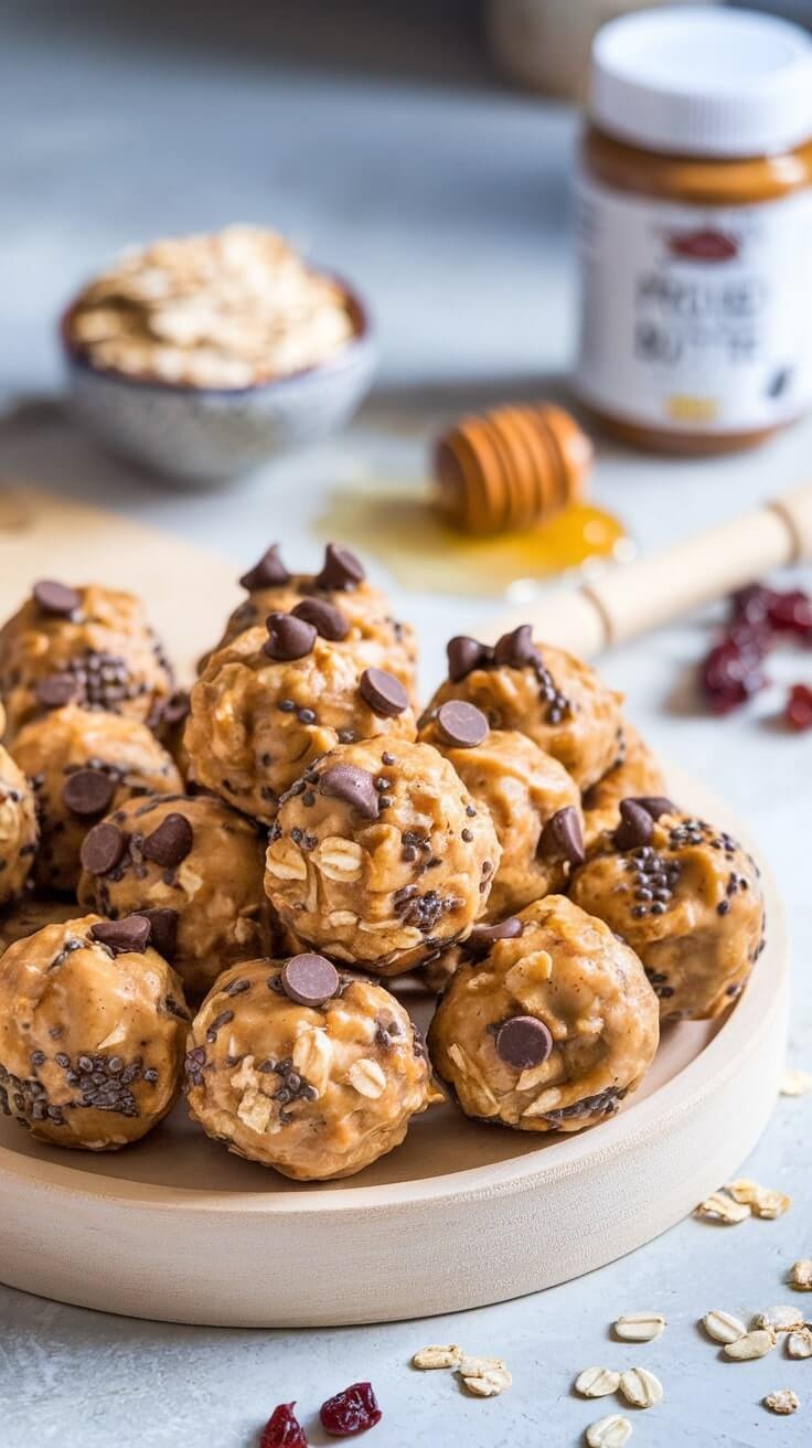 A close-up shot of homemade protein energy bites arranged neatly on a light wooden tray. The bites are round, golden-brown, and speckled with chocolate chips and chia seeds. In the background, a small bowl of rolled oats and a jar of peanut butter are slightly out of focus, alongside a drizzle of honey and scattered dried fruit. The setting is a cozy kitchen with natural lighting, emphasizing the wholesome and easy-to-make feel of the snack.