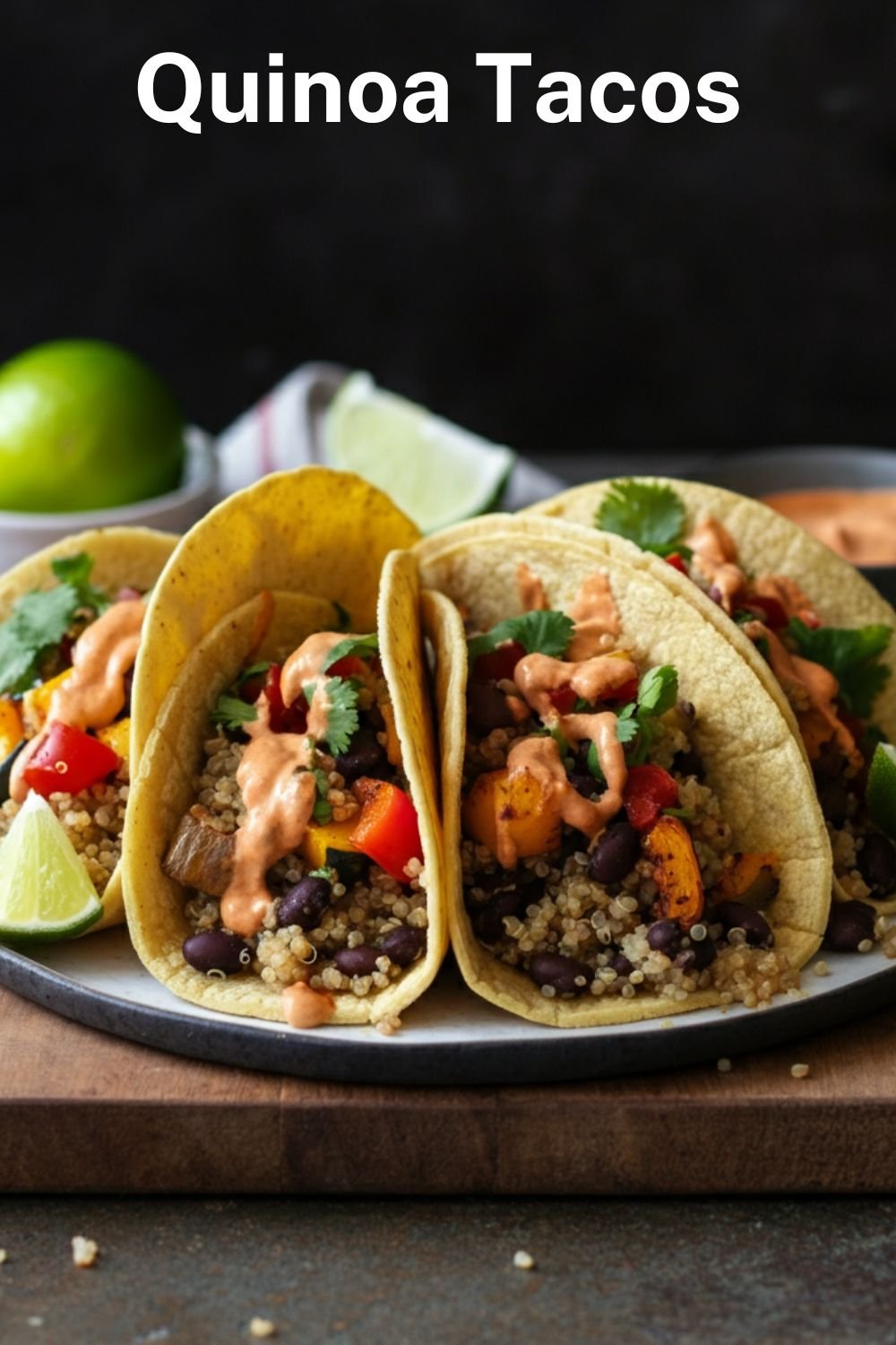 A vibrant plate of quinoa tacos arranged on a wooden board. The tacos are filled with colorful roasted veggies, black beans, and quinoa, topped with a drizzle of chipotle sauce. Surround the tacos with lime wedges and a sprinkle of fresh cilantro for an appetizing touch.