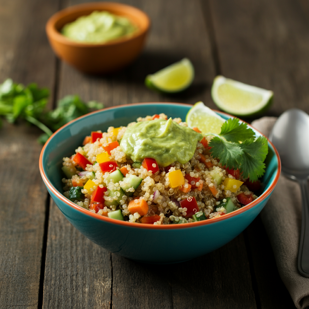 A vibrant bowl of quinoa salad with colorful chopped vegetables (red and yellow bell peppers, carrots, cucumber) placed on a wooden table. The creamy avocado-lime dressing is drizzled on top, with a garnish of fresh cilantro and lime wedges on the side. A spoon and napkin are nearby for a cozy, inviting look.