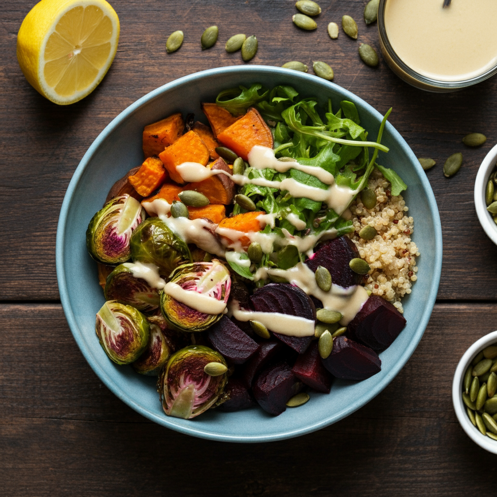 A vibrant, healthy bowl filled with colorful roasted sweet potatoes, brussels sprouts, and beets piled on a bed of quinoa, topped with a drizzle of creamy tahini lemon dressing and scattered with crunchy pumpkin seeds. The bowl is sitting on a rustic wooden table with a lemon wedge and a small bowl of pumpkin seeds nearby.