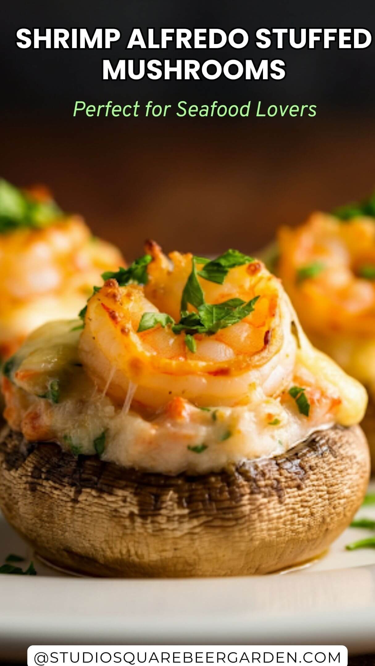 Shrimp Alfredo Stuffed Mushrooms! A creamy Alfredo filling paired with succulent shrimp makes this seafood dish recipe the perfect crowd-pleasing appetizer or snack.