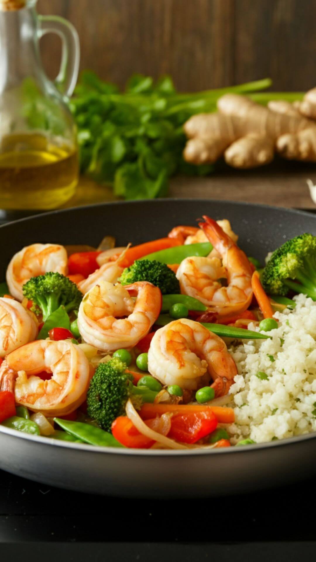 Colorful and vibrant shrimp stir-fry featuring tender shrimp, crisp vegetables, and a savory sauce, served on a rustic wooden plate for a delicious and healthy meal.