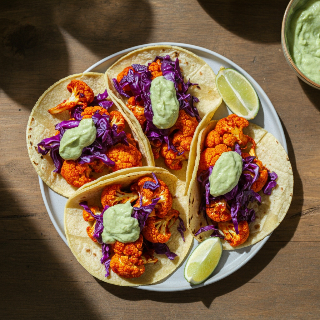 A vibrant plate of spicy cauliflower tacos served on warm corn tortillas, topped with shredded purple cabbage and a drizzle of creamy, green avocado crema, garnished with lime wedges on a rustic wooden table.