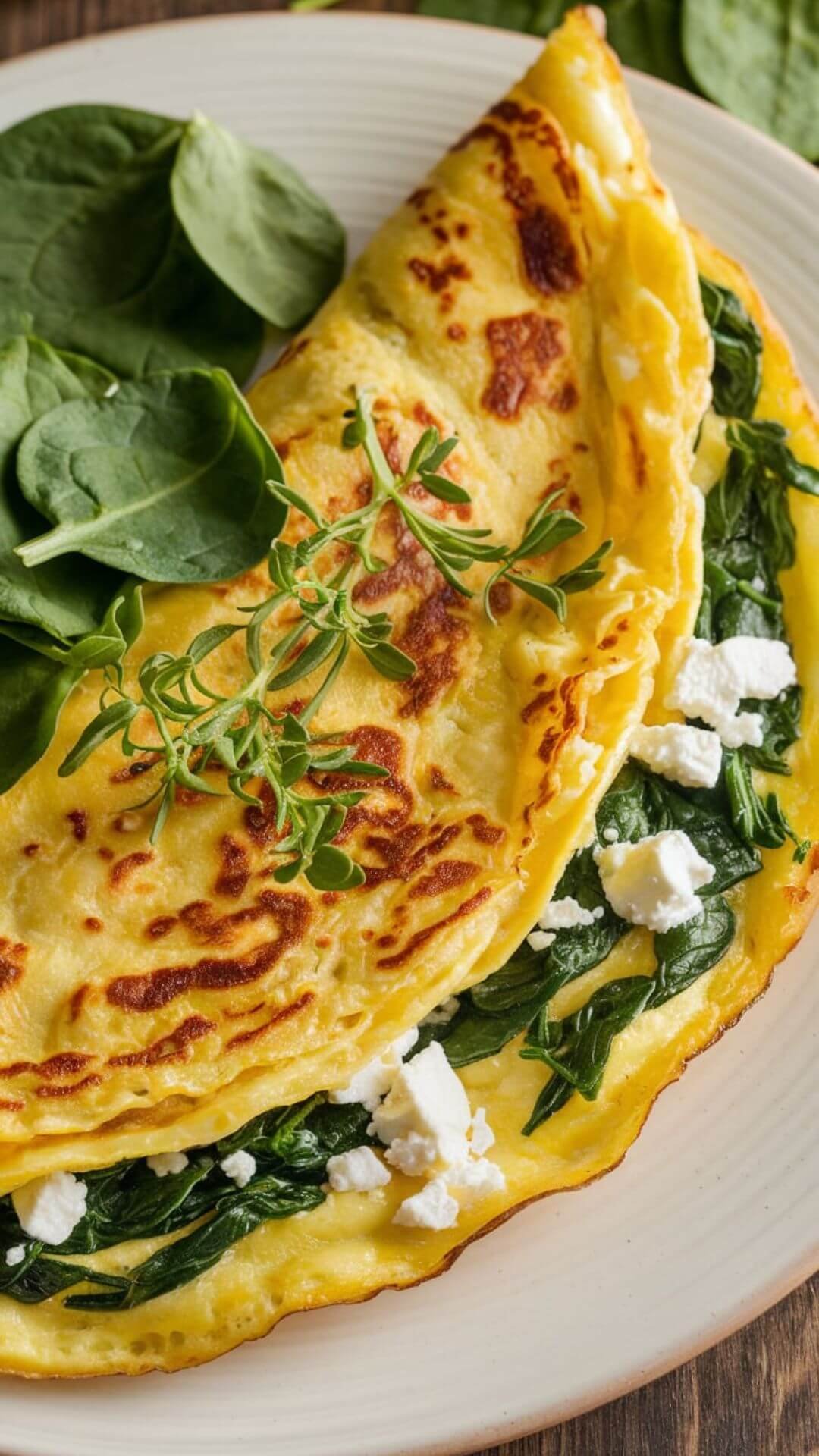 A golden omelette folded in half on a white plate, with fresh spinach and crumbled feta spilling out slightly. Include a garnish of spinach leaves on the side and a sprinkle of crumbled feta for a fresh, inviting look.