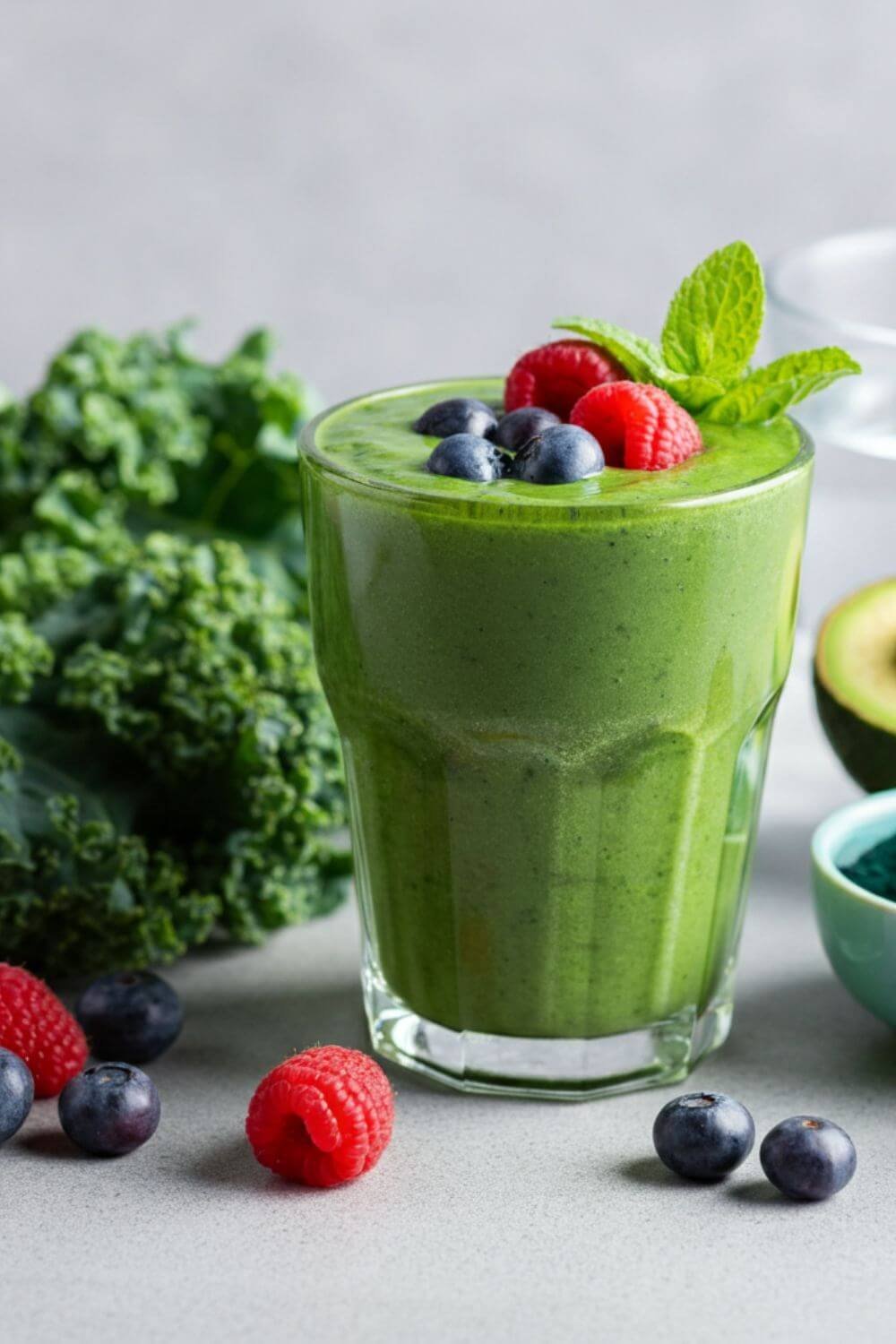 A vibrant green smoothie in a clear glass, garnished with a small sprig of kale and a few berries on top. Surround the glass with fresh ingredients: a handful of kale leaves, a mix of blueberries, raspberries, and strawberries, a sliced avocado, a small bowl of spirulina powder, and a cup of water. Bright, natural lighting with a clean, minimal background.