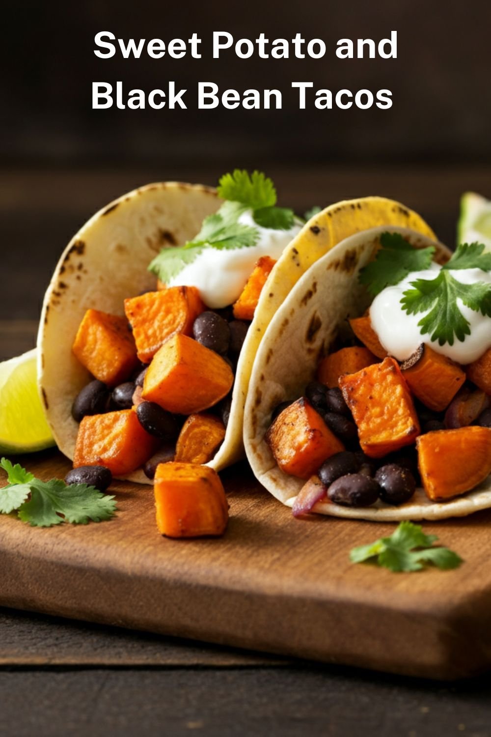 A vibrant photo of sweet potato and black bean tacos assembled on a wooden board, with caramelized sweet potato cubes, black beans, a dollop of lime yogurt, and garnished with fresh cilantro and lime wedges on the side.