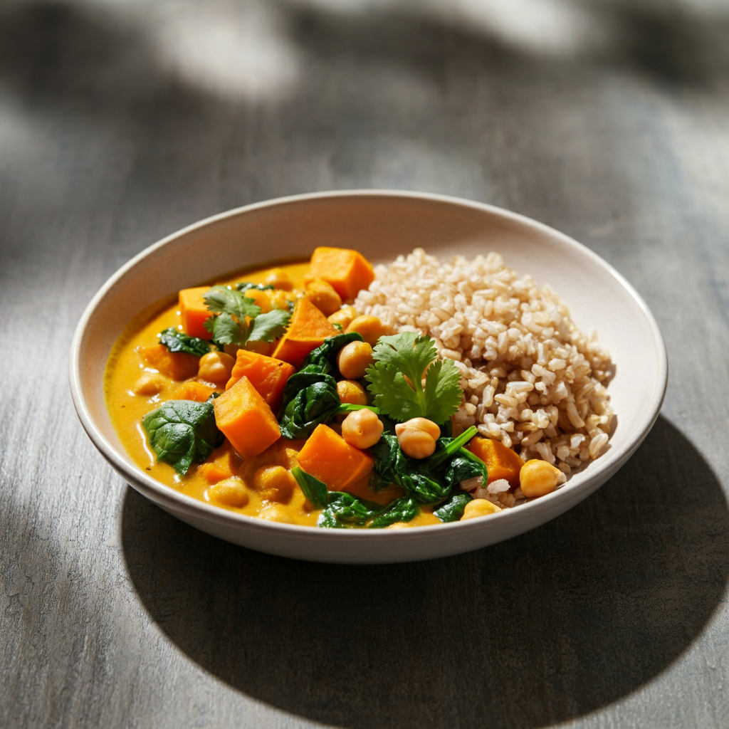 A vibrant bowl of curry with creamy orange sauce, chunks of sweet potato, chickpeas, and wilted spinach, garnished with fresh cilantro. Served alongside a scoop of fluffy brown rice on a neutral, rustic table setting.