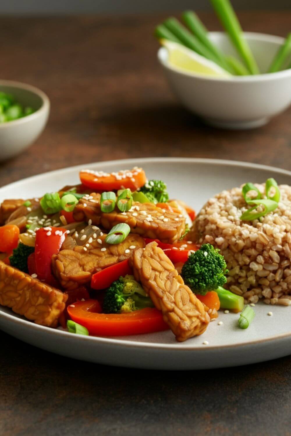 A colorful plate of tempeh stir-fry featuring golden tempeh pieces, vibrant mixed vegetables, and a side of fluffy brown rice, garnished with sesame seeds and freshly chopped green onions.