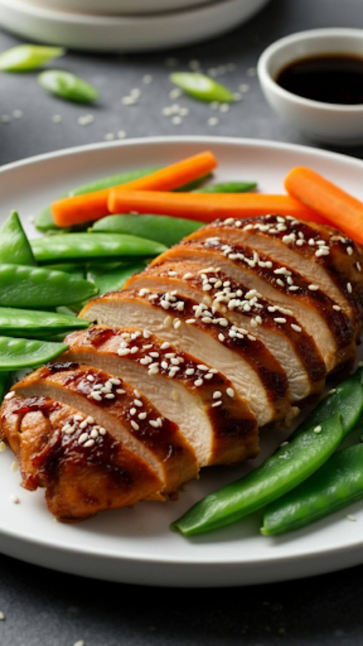 A clean, white plate with sliced teriyaki-glazed chicken as the centerpiece, surrounded by vibrant green snap peas and orange carrots. Lightly sprinkled sesame seeds add texture, with a small dish of teriyaki sauce in the background for dipping.