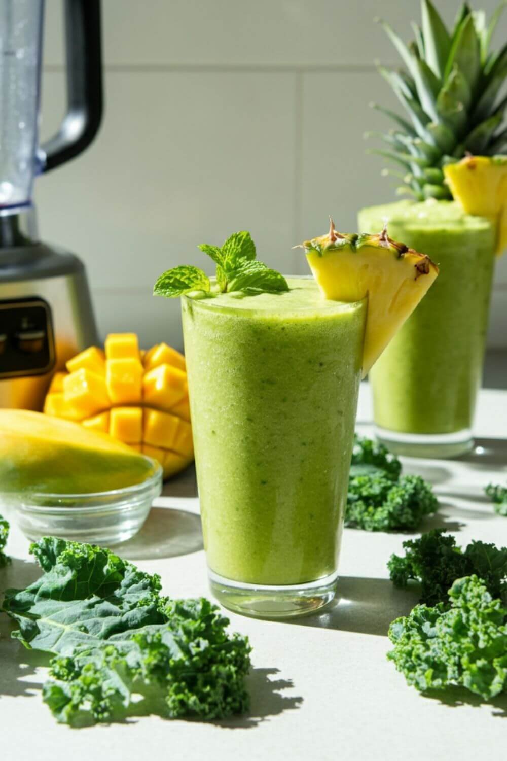 "A vibrant smoothie featuring a mix of fresh kale leaves, juicy pineapple chunks, diced mango, a glass of coconut water, and a sprinkle of chia seeds. Arrange the ingredients on a bright surface with a blender nearby. The finished smoothie should be a rich green color, served in a clear glass with a tropical garnish like a pineapple wedge or a mint leaf."