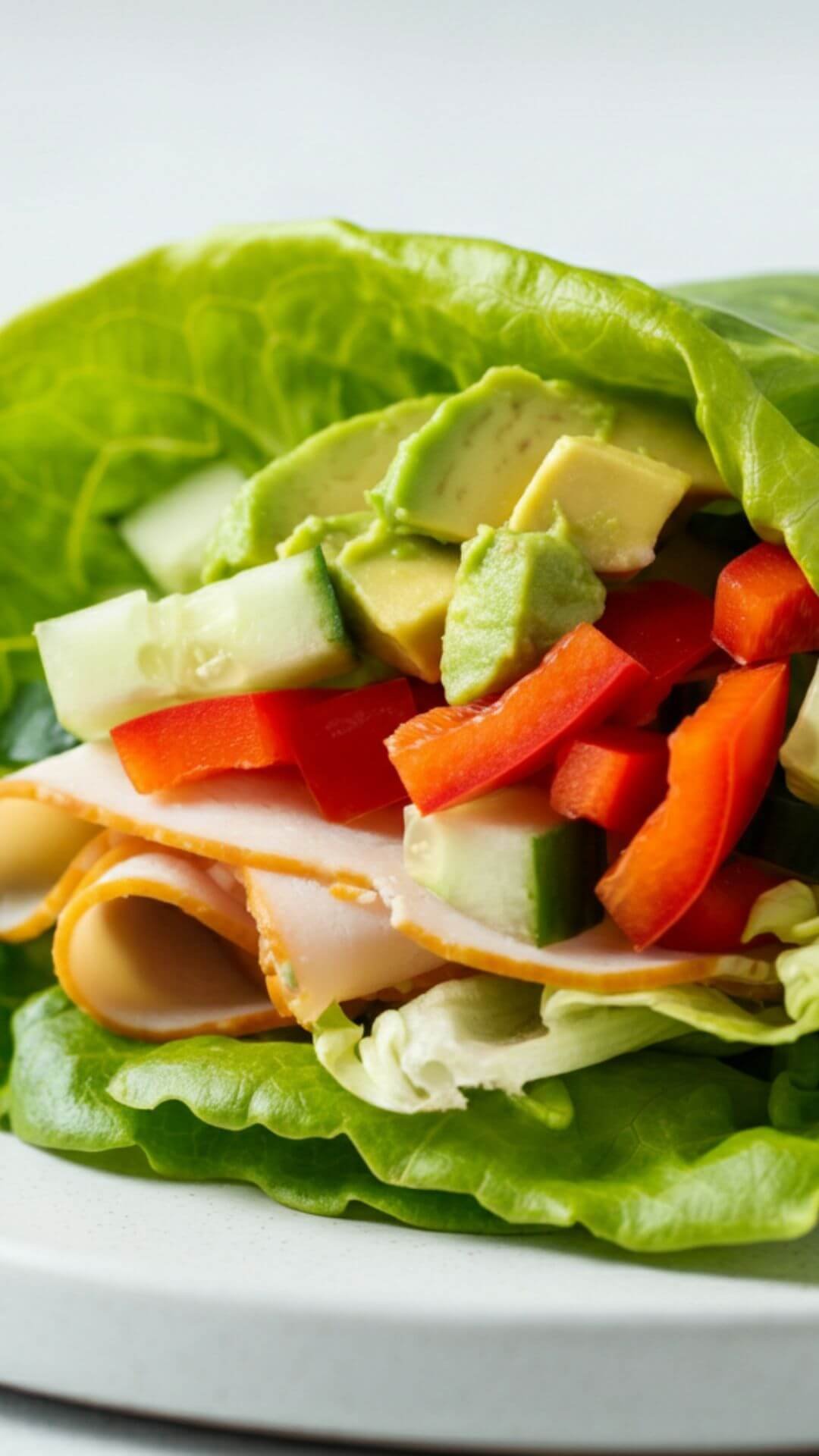 Fresh and healthy Turkey & Avocado Lettuce Wraps filled with sliced turkey, creamy avocado, and crisp lettuce, perfect for a light and low-carb meal.