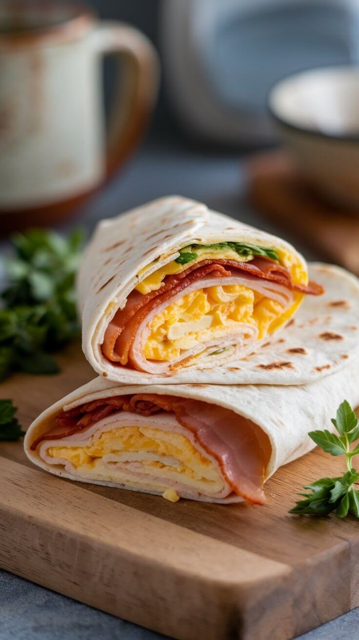 A delicious Turkey Bacon Breakfast Wrap filled with scrambled eggs, fresh spinach, and creamy avocado, all wrapped in a soft tortilla. Perfect for a protein-packed, on-the-go breakfast!