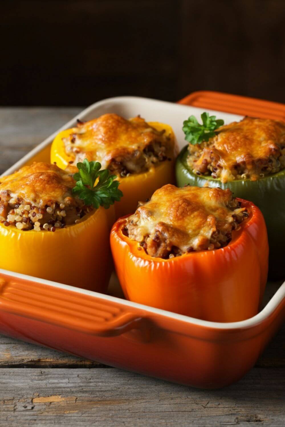 A baking dish with four colorful bell peppers (red, yellow, green, and orange) stuffed with a hearty turkey and quinoa filling. The peppers are topped with melted cheese, garnished with fresh parsley, and set on a rustic wooden table.