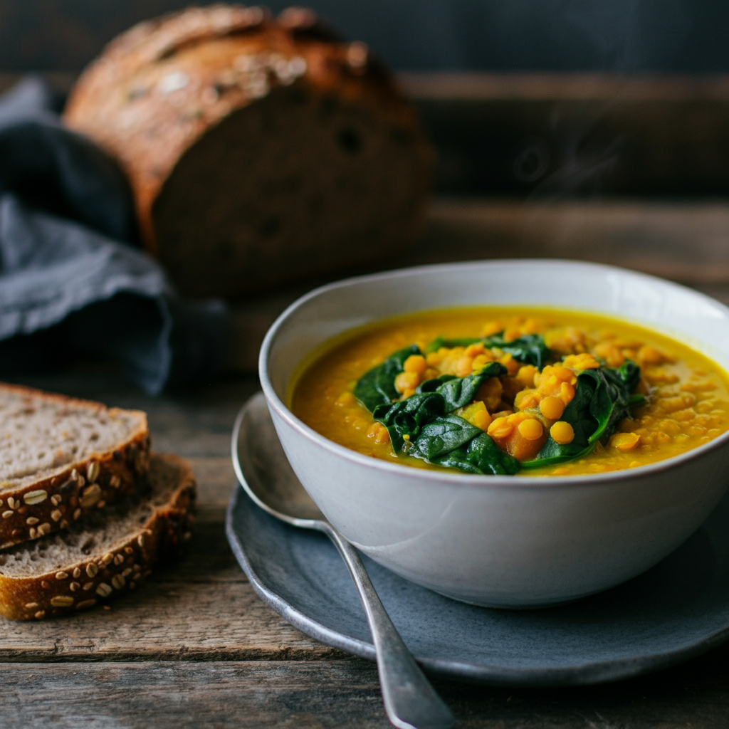 A steaming bowl of golden-yellow soup topped with fresh spinach leaves, served with a slice of whole-grain bread on a rustic wooden table.