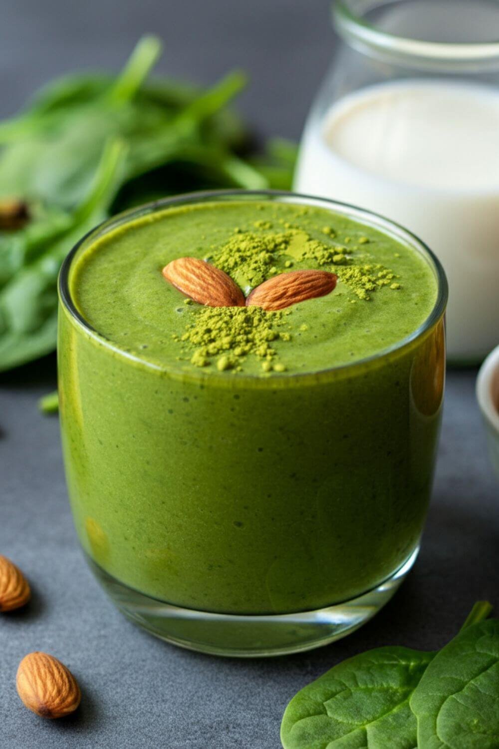 A vibrant green smoothie in a clear glass, garnished with a sprinkle of matcha powder and a small almond on top. Surround the glass with fresh spinach leaves, a halved banana, a small bowl of almond butter, and a cup of almond milk. Natural lighting highlights the creamy texture and rich green color of the smoothie, giving it a fresh and healthy vibe.