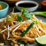 A vibrant plate of vegetarian Pad Thai served on a rustic wooden table. The dish features glistening rice noodles tossed with colorful vegetables like julienned carrots, bean sprouts, and green onions, topped with crushed peanuts, fresh lime wedges, and a sprinkle of cilantro. The background includes small bowls of ingredients like tofu, soy sauce, and chili flakes, with chopsticks resting on the side. Warm, natural lighting highlights the dish's textures and colors.