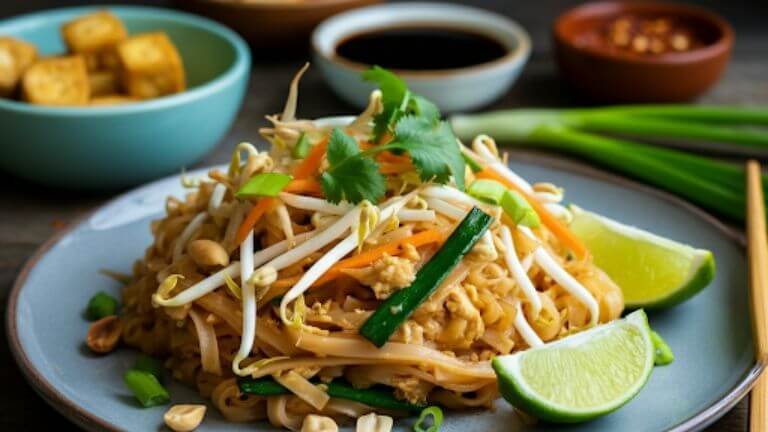 A vibrant plate of vegetarian Pad Thai served on a rustic wooden table. The dish features glistening rice noodles tossed with colorful vegetables like julienned carrots, bean sprouts, and green onions, topped with crushed peanuts, fresh lime wedges, and a sprinkle of cilantro. The background includes small bowls of ingredients like tofu, soy sauce, and chili flakes, with chopsticks resting on the side. Warm, natural lighting highlights the dish's textures and colors.