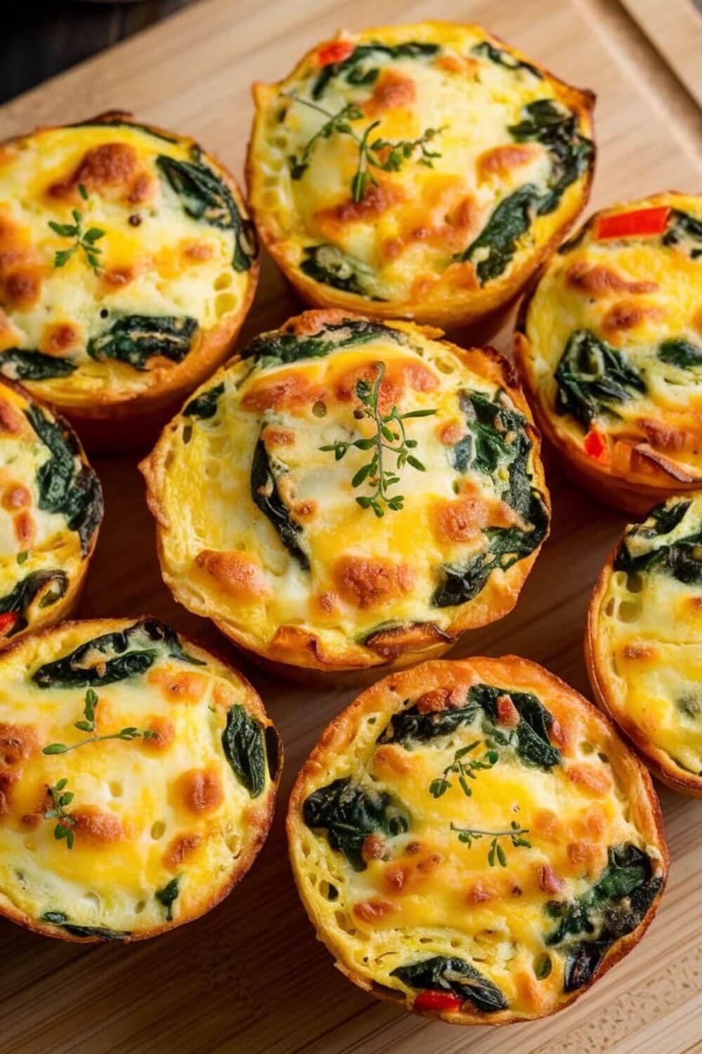 A tray of golden-brown egg muffins, filled with visible bits of spinach, bell peppers, and melted cheese, arranged on a wooden cutting board with a sprinkle of fresh herbs and a small bowl of colorful veggies in the background.