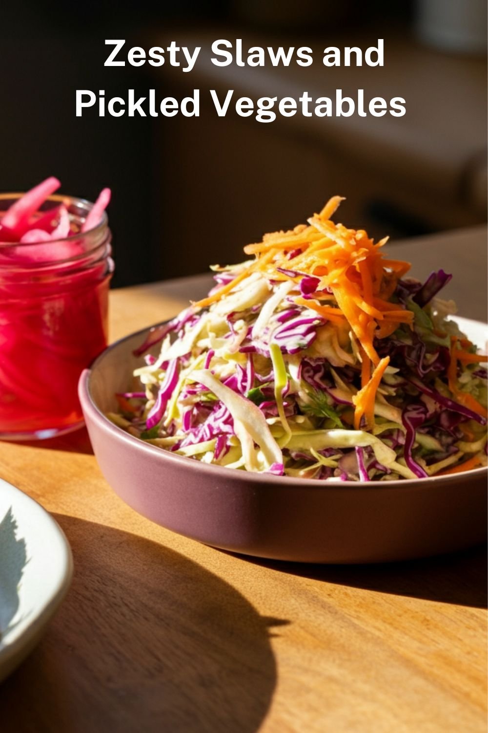 A vibrant plate of shredded green and red cabbage slaw mixed with grated carrots, alongside a small jar of pickled red onions with tangy pink brine, served next to tacos filled with colorful ingredients.