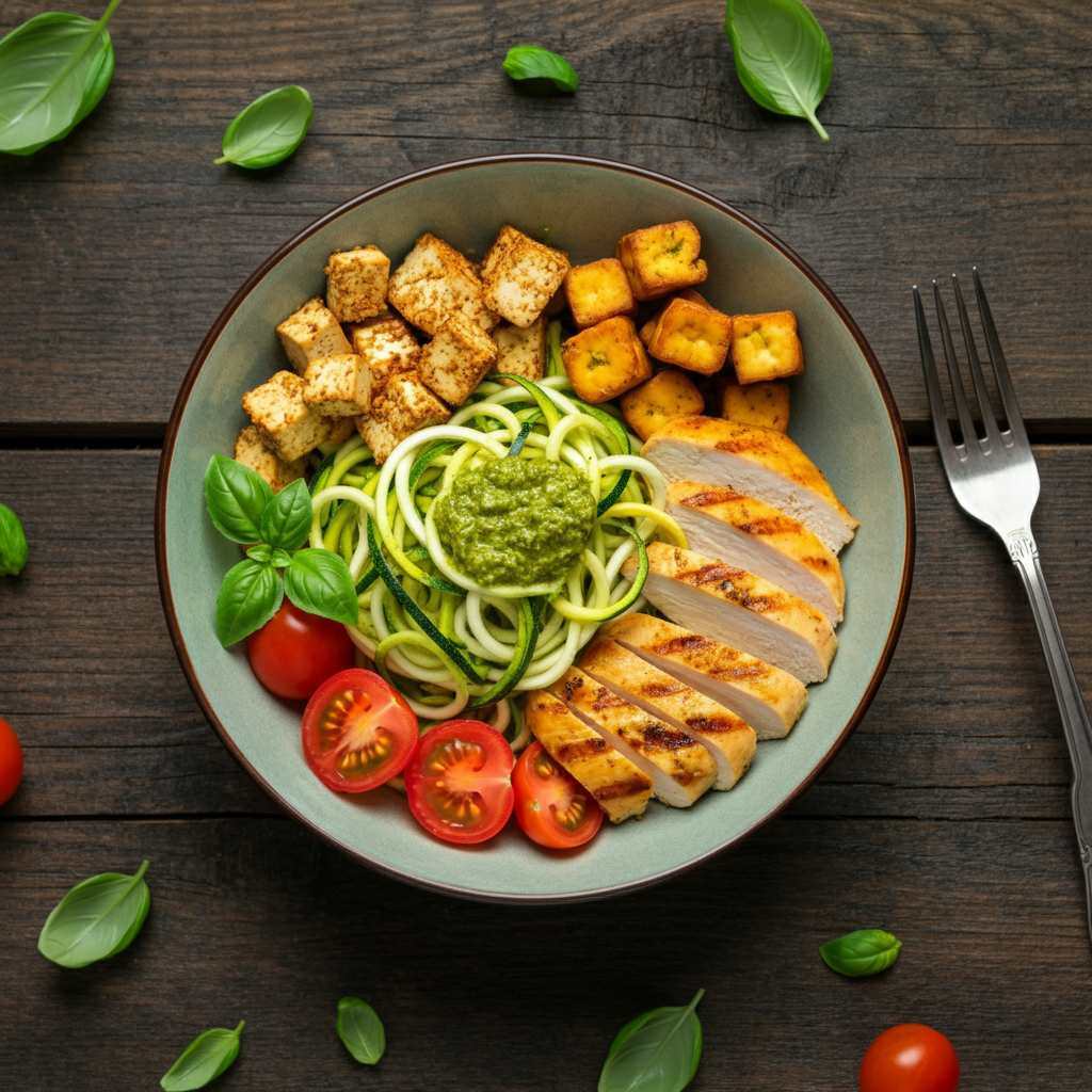 A bowl of vibrant zucchini noodles tossed in creamy green pesto, garnished with cherry tomato halves and topped with grilled chicken or tofu, served on a rustic wooden table with fresh basil leaves scattered around.