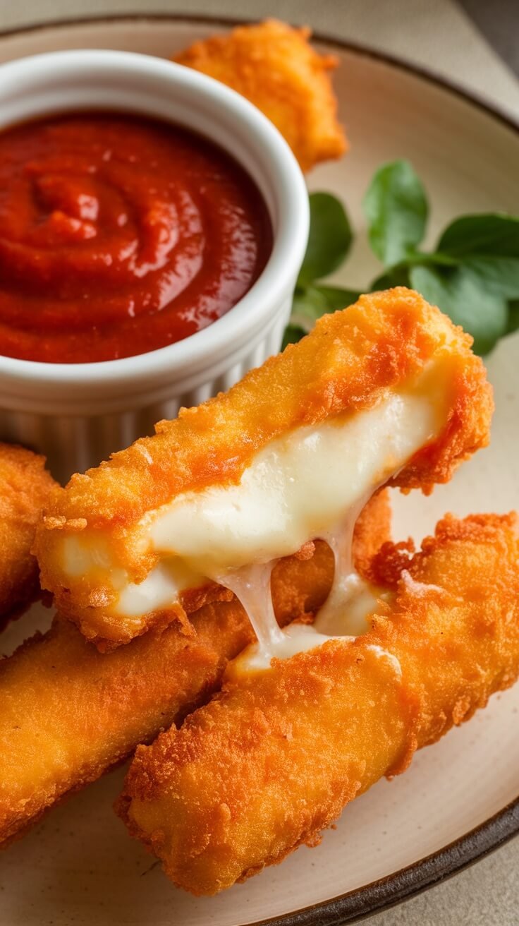 Crispy air fryer mozzarella sticks with marinara sauce