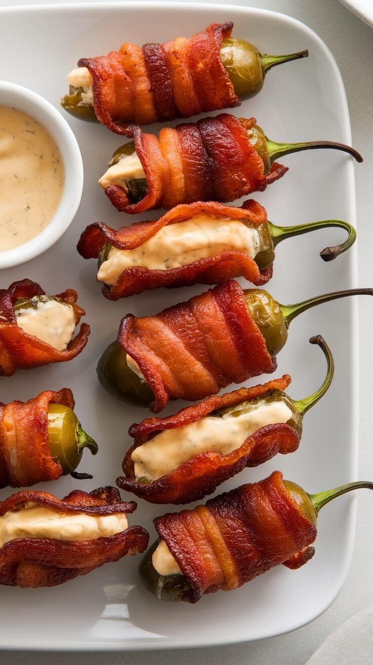 A platter of bacon-wrapped jalapeño poppers with a dipping sauce.