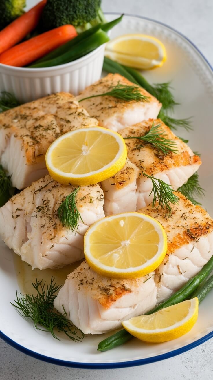 Baked cod fillets topped with lemon slices and dill, served with fresh vegetables.