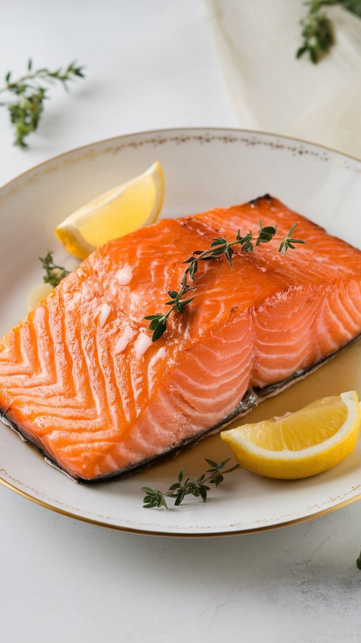 A beautifully baked salmon fillet garnished with thyme and lemon slices on a plate.