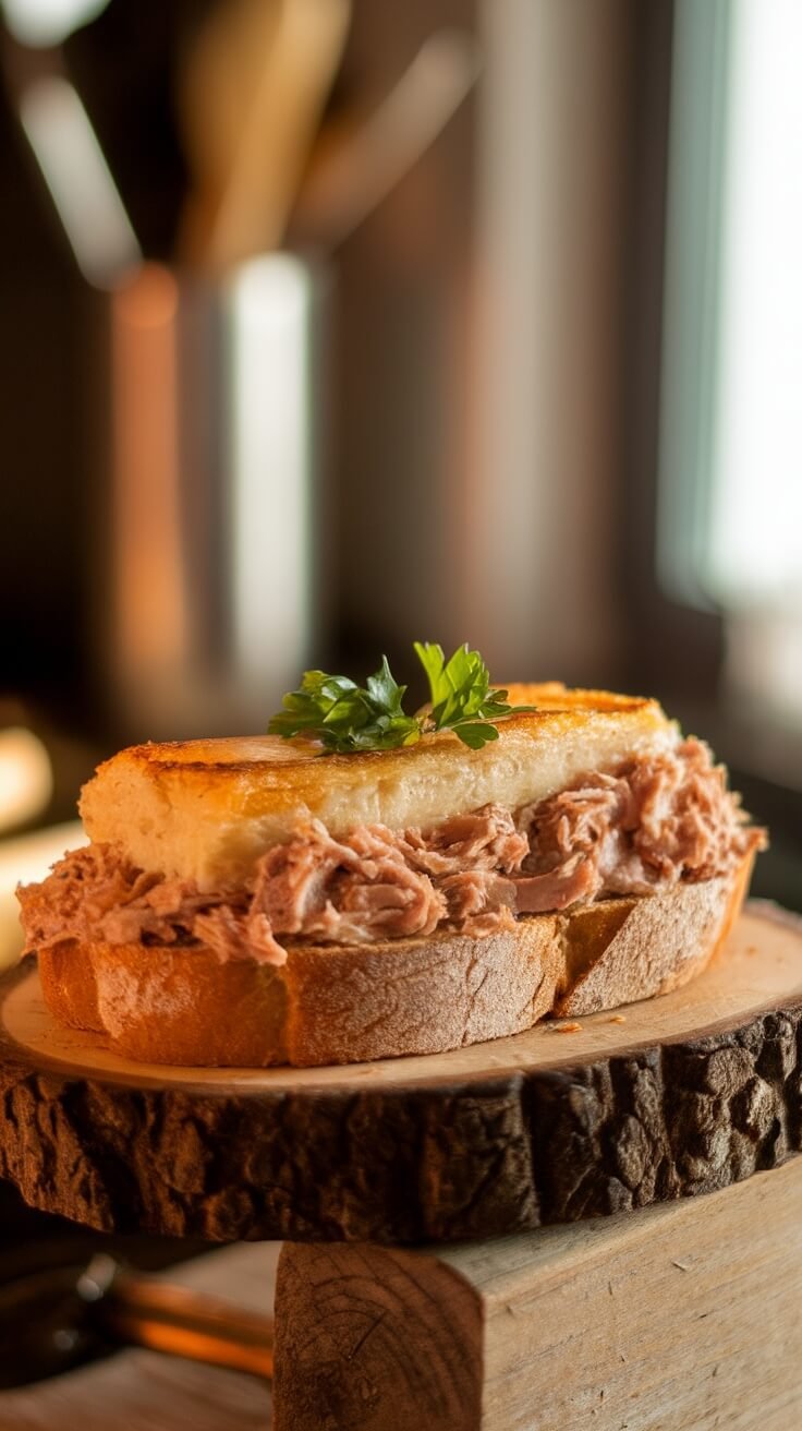 A delicious baked tuna melt sandwich on a wooden plate.