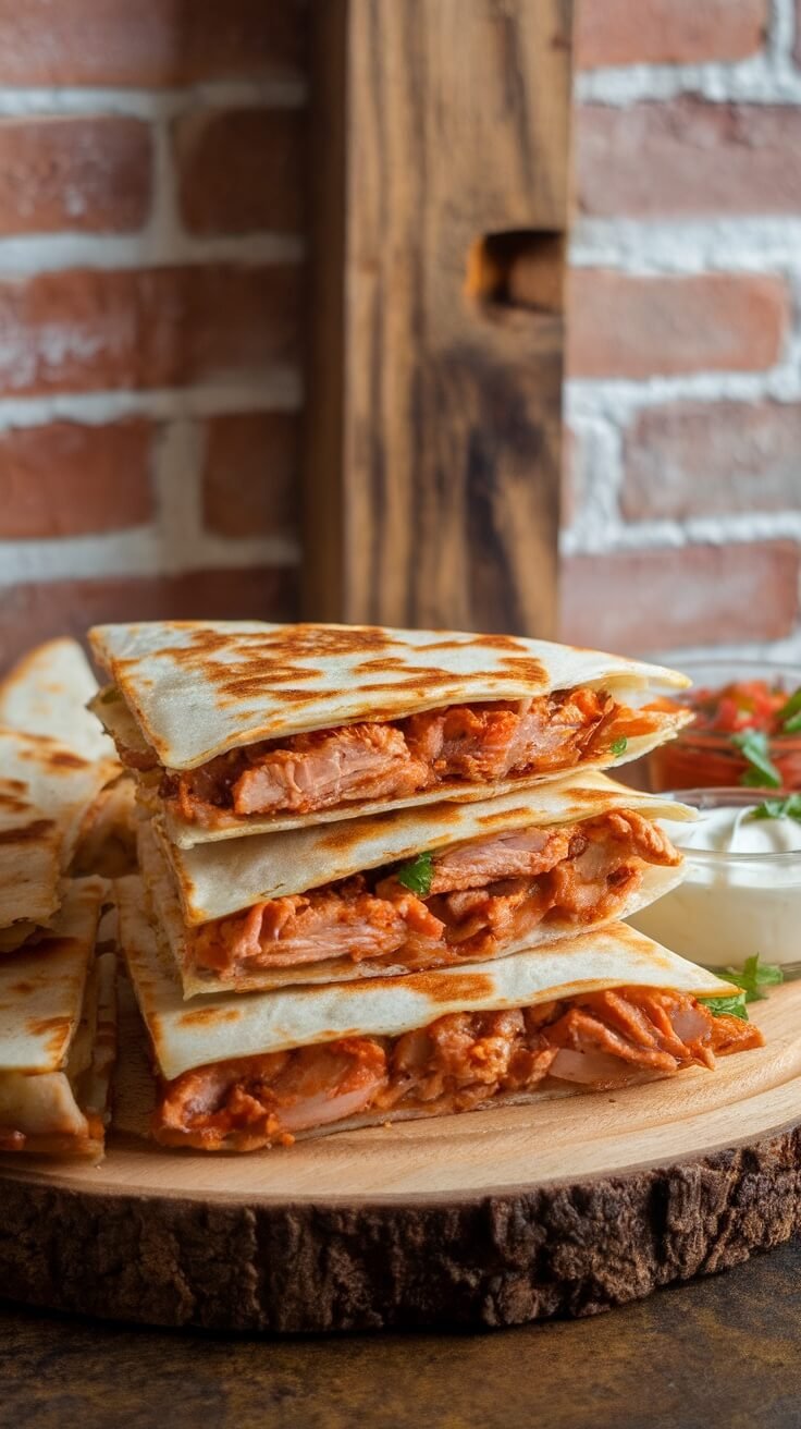 Delicious BBQ chicken quesadillas stacked on a wooden serving board.