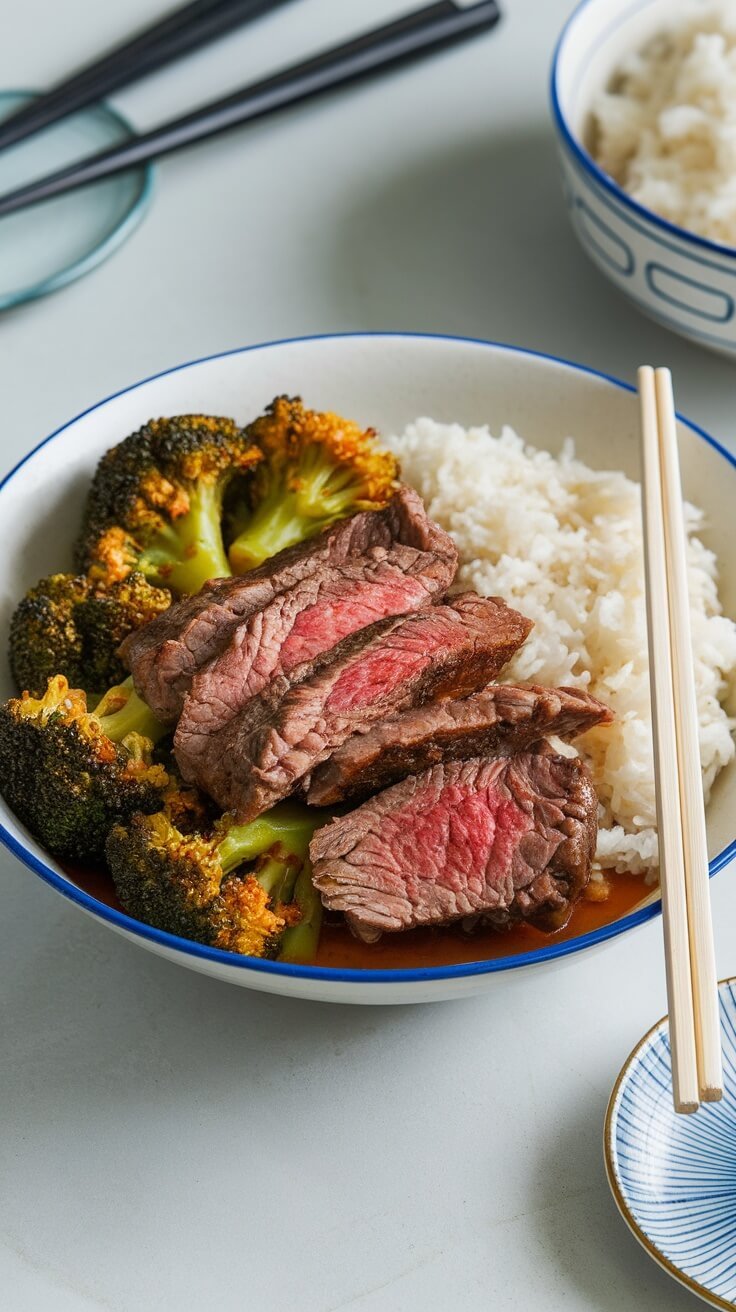 A bowl of beef and broccoli stir-fry served with rice