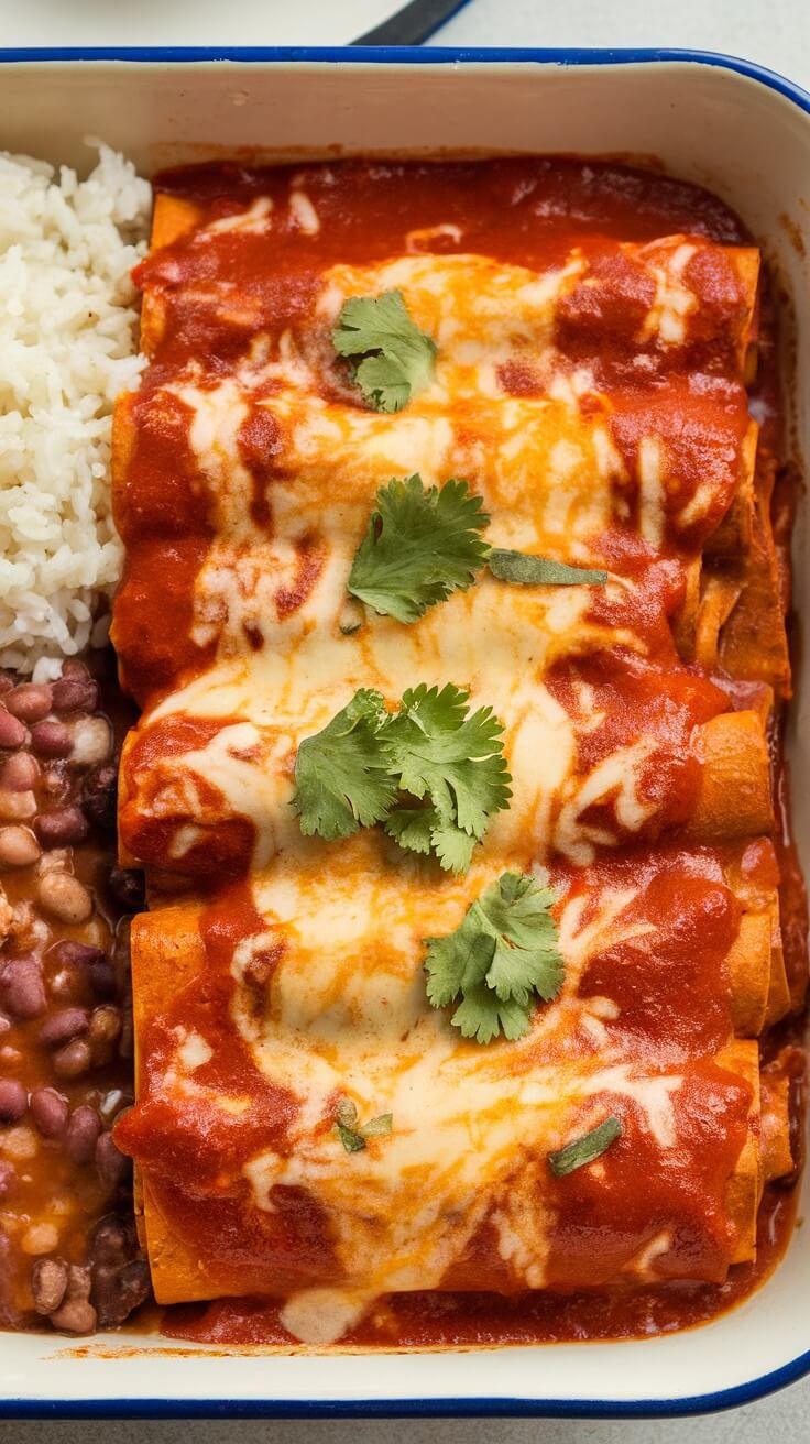 A plate of beef and cheese enchiladas served with rice and beans