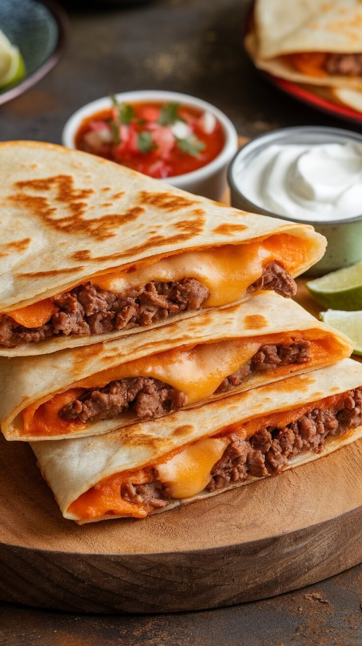 Delicious beef and cheese quesadillas served with salsa and sour cream