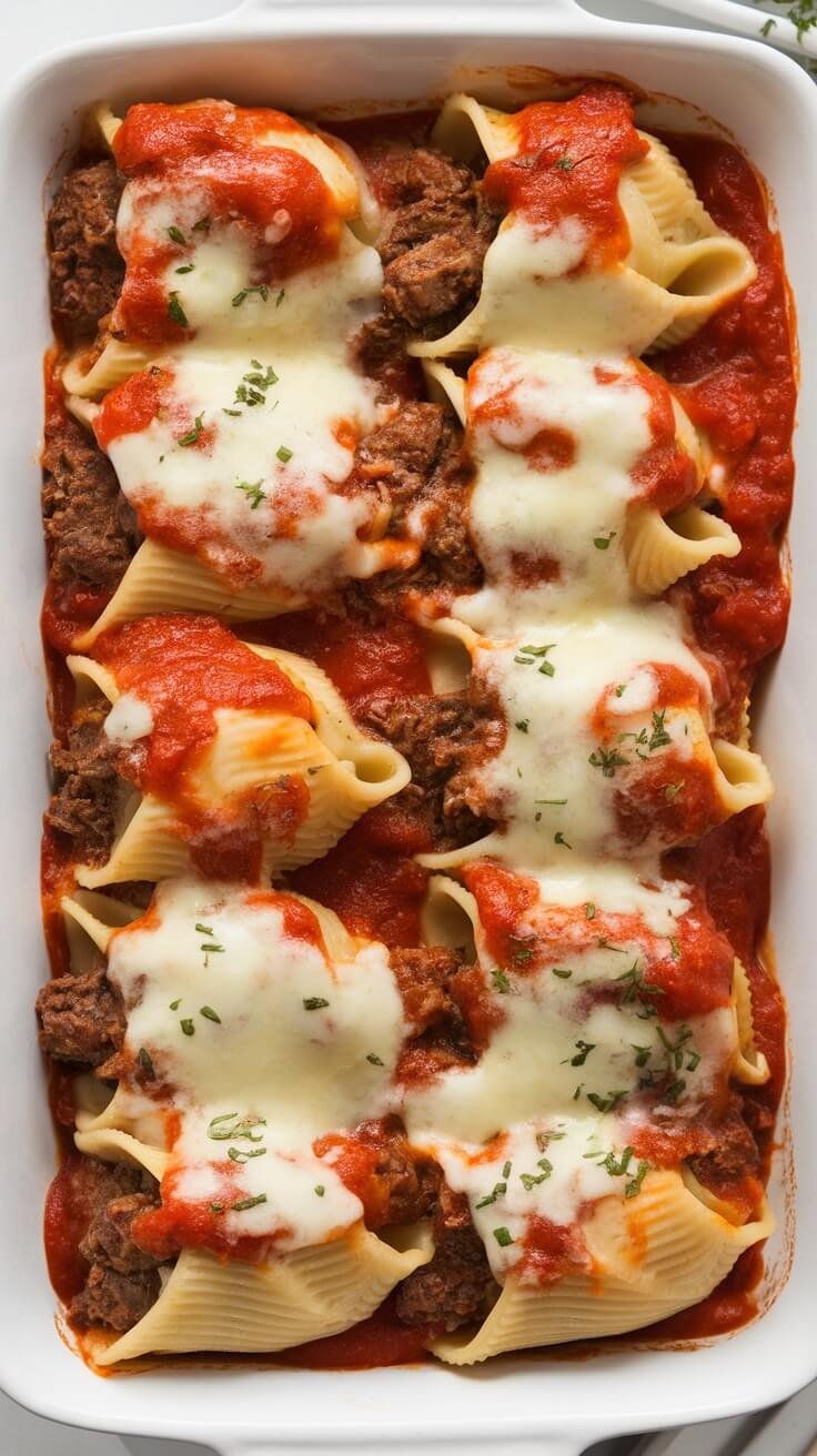 A dish of beef and cheese stuffed shells topped with tomato sauce and melted cheese.