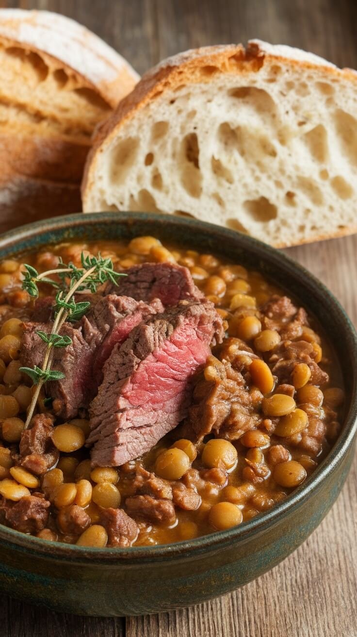 A bowl of beef and lentil stew with slices of bread