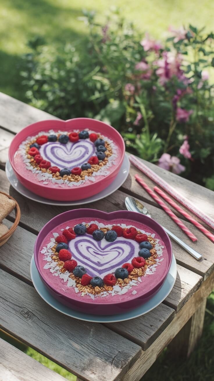 A heart-shaped smoothie bowl topped with berries and granola, set on a wooden table.