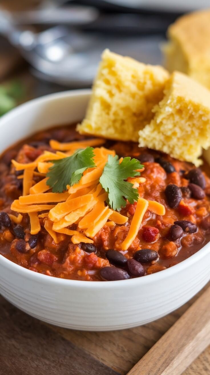 A bowl of black bean and turkey chili topped with cheese and cilantro, served with cornbread.