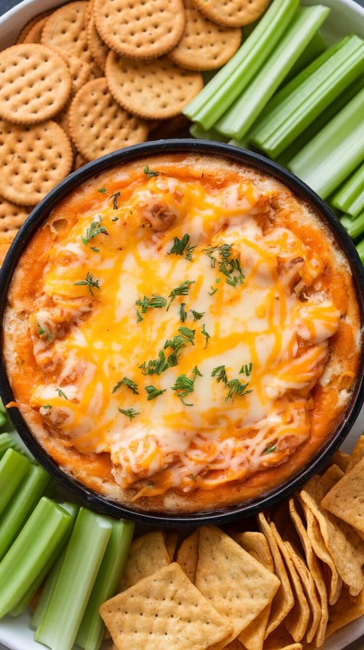 A delicious bowl of Buffalo Chicken Dip surrounded by crackers and celery sticks