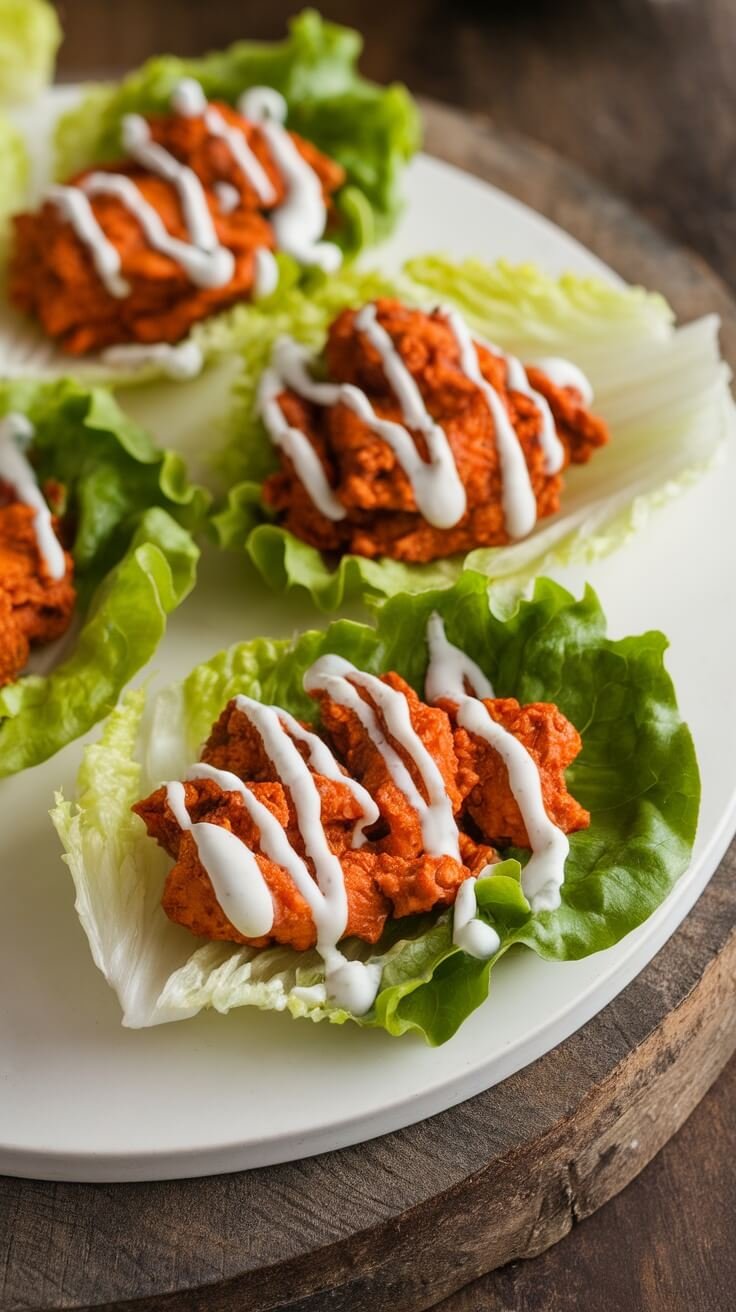 Buffalo chicken lettuce wraps with ranch dressing on a plate