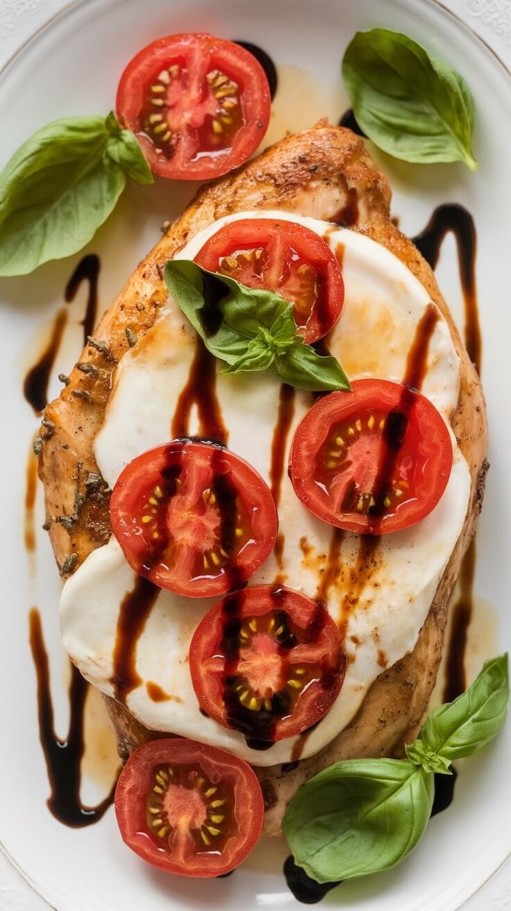 A delicious plate of Caprese Chicken with tomatoes, mozzarella, and basil.