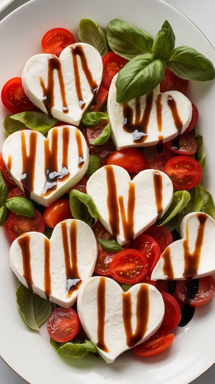 A heart-shaped Caprese salad with mozzarella, tomatoes, and basil.