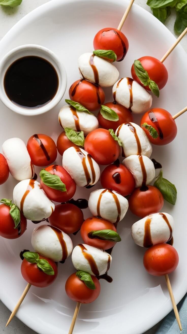 A plate of Caprese skewers with cherry tomatoes, mozzarella balls, and basil drizzled with balsamic glaze.