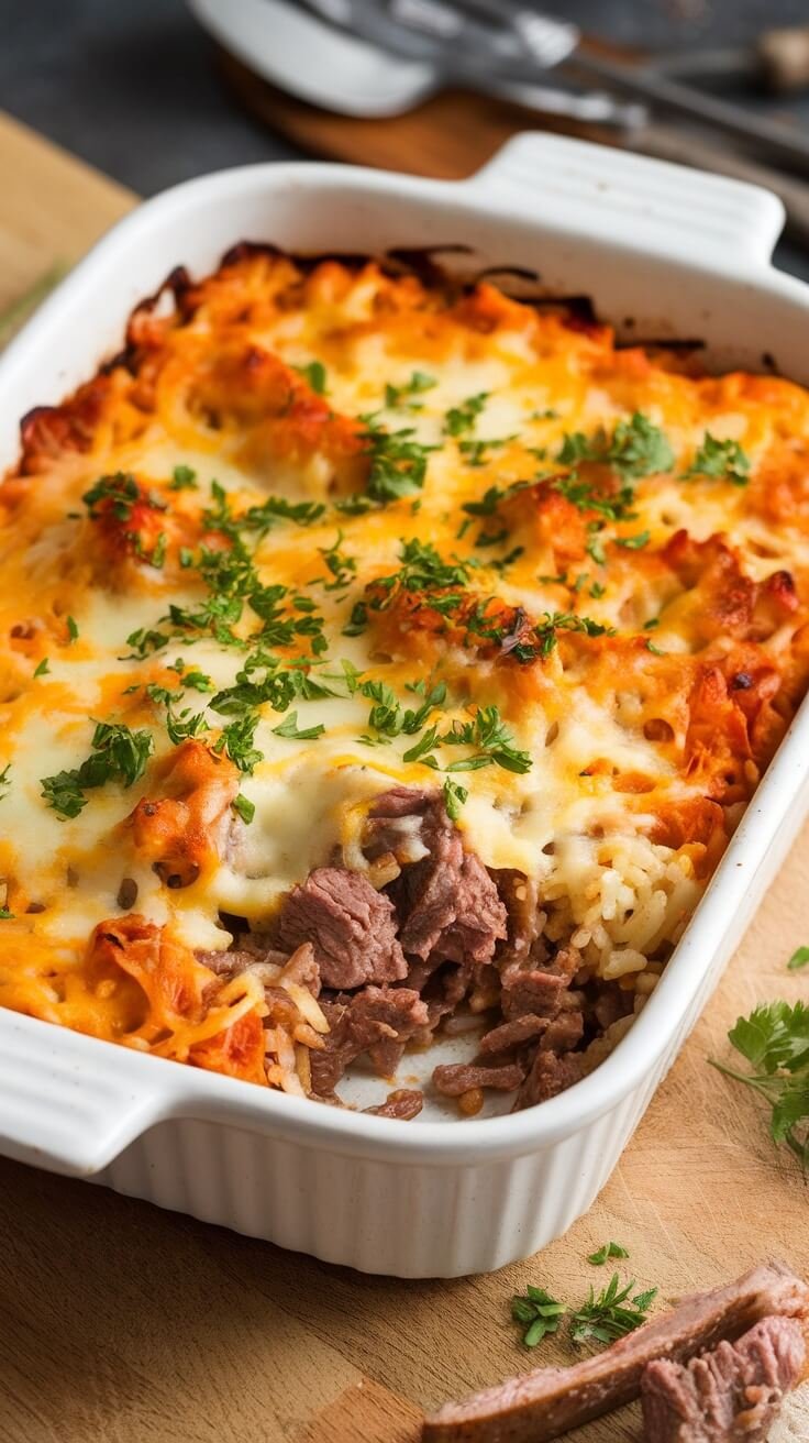 A cheesy beef and rice casserole topped with melted cheese and parsley.