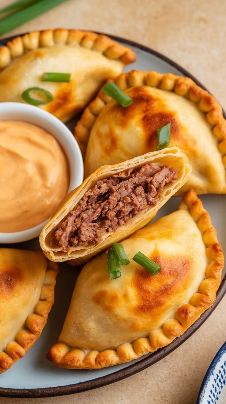 Cheesy beef empanadas on a plate with a dipping sauce